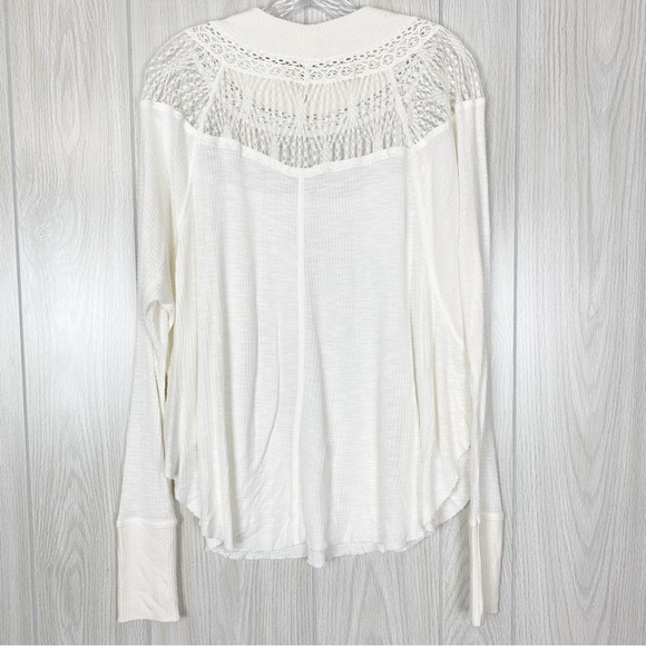 Free People | Spring Valley White Waffle Knit Lace Neck Long Sleeve Top Size XS - Picture 2 of 12